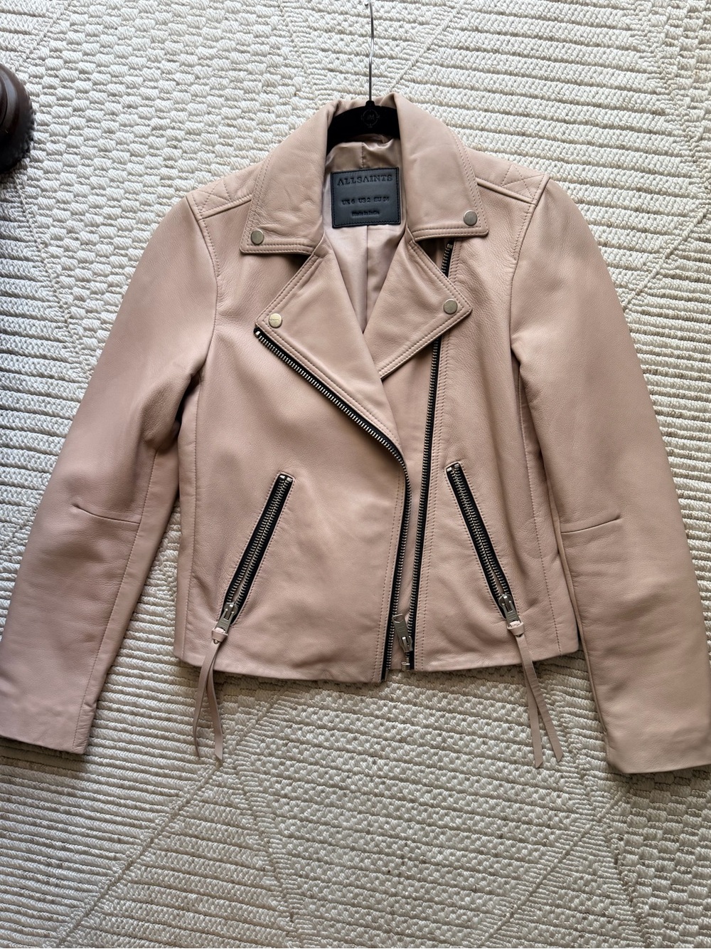 ALL SAINTS DALBY SLIM FIT LEATHER BIKER JACKET in color MISTY PINK size 2 - Picture 3 of 12